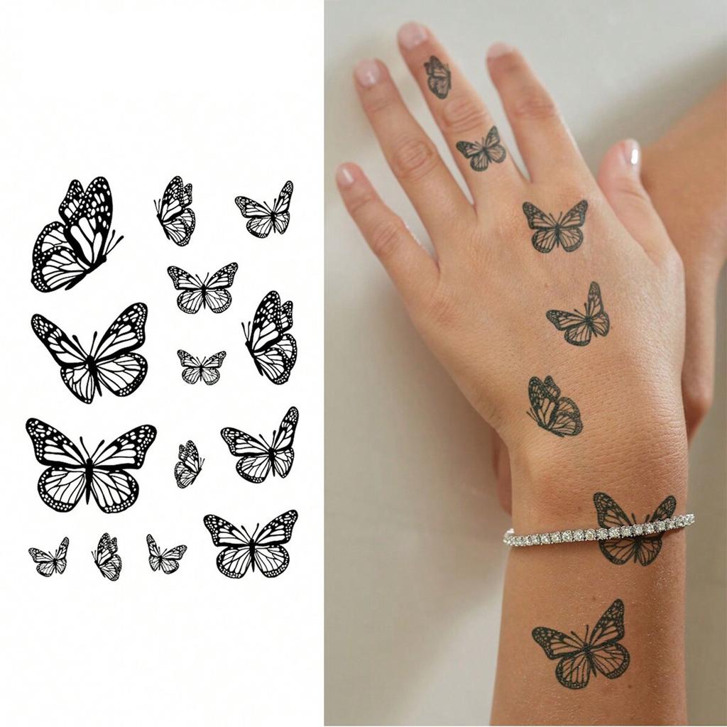 Minimalist Black Hollow Double Butterfly Tattoo Sticker Cool High-End Waterproof And Long-Lasting Wrist Exquisite Small Pattern