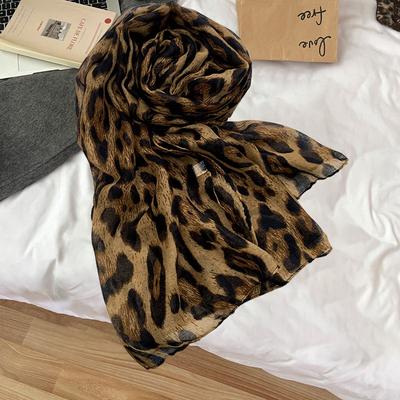 Leopard Print Scarf Autumn And Winter Retro Spice Girl Silk Scarf Bali Yarn Thin Long Silk Scarf Women'S High-End Personality Scarf
