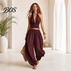 Everyday Wear For Women Women's Halter Sleeveless Summer 2 Piece Sets, Pleated Ruffle Backless Skin-friendly Fabric Clothes V Neck Top And Wide