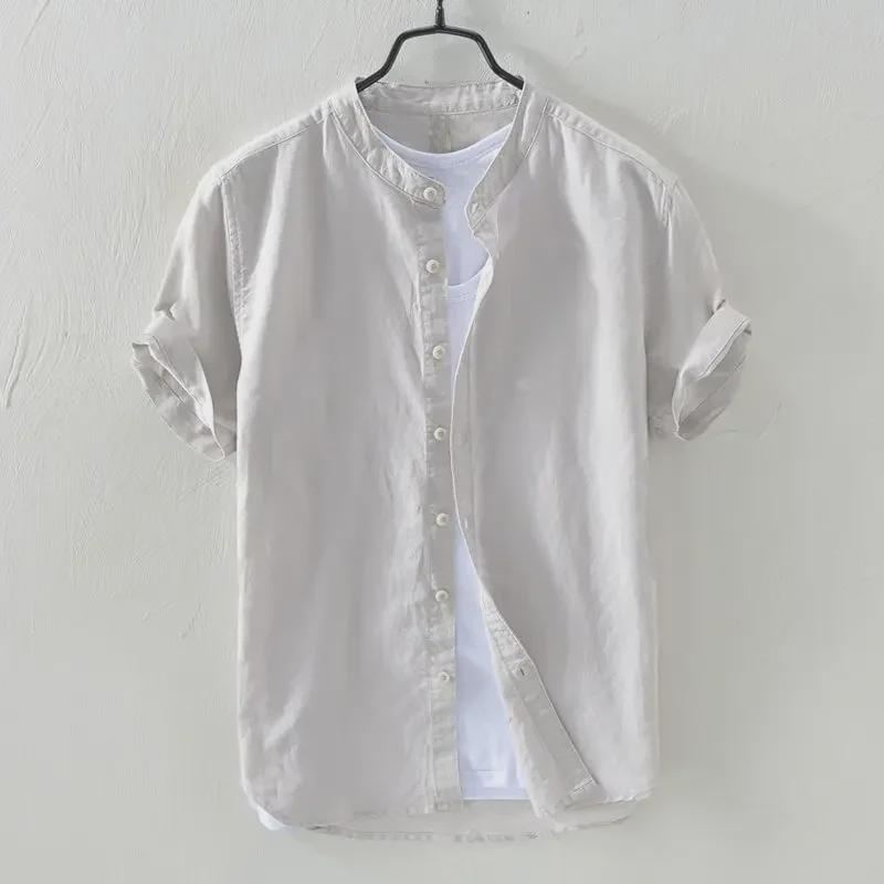 Men's Summer Casual Cotton-Linen Short Sleeve Stand Collar Shirt - Dark Blue Retro Chinese Style