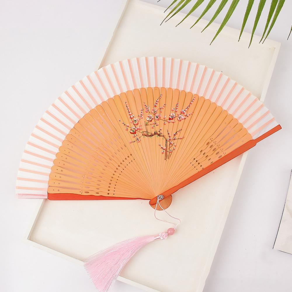 Elegant Carved Bamboo Folding Fan Flower Tassel Folding Fan Portable Handheld Fan  Wedding