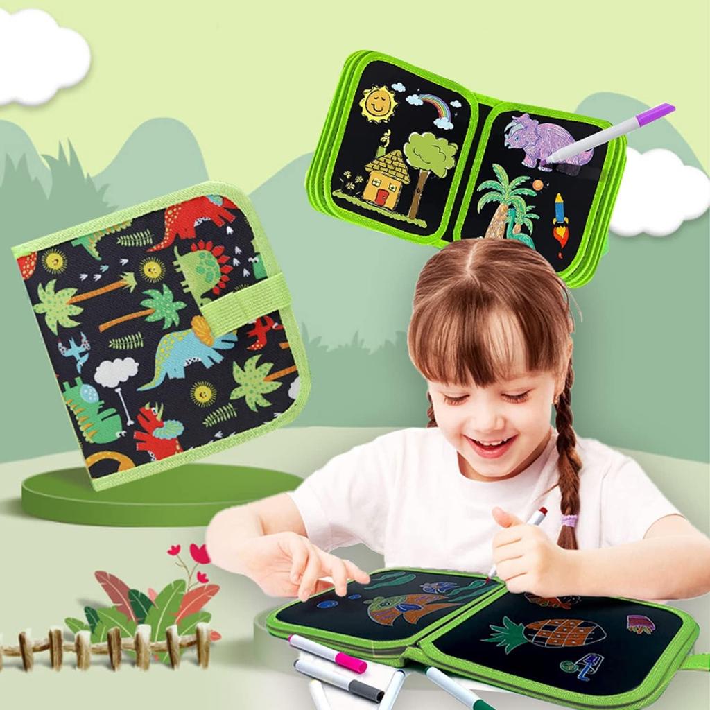 Green Dinosaur Erasable Book Doodle Set Magic Drawing Book Reusable Drawing Book 12 Watercolor Pens 14 Page Drawing for Kids