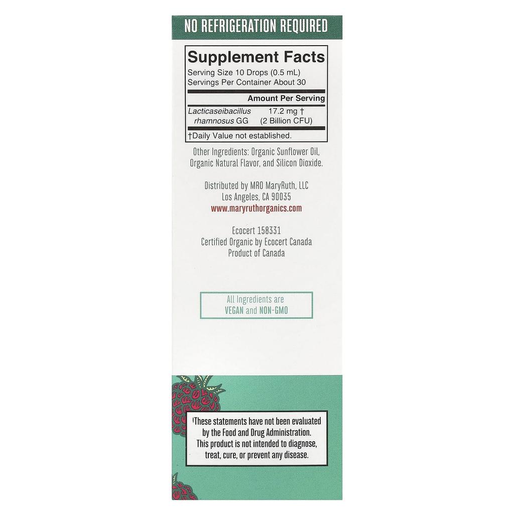 MaryRuth's, Organic Children's Precision Probiotic, Liquid Drops, Ages 4-13, Raspberry Flavor, 2 Billion CFU, 0.5 fl oz (15 ml)