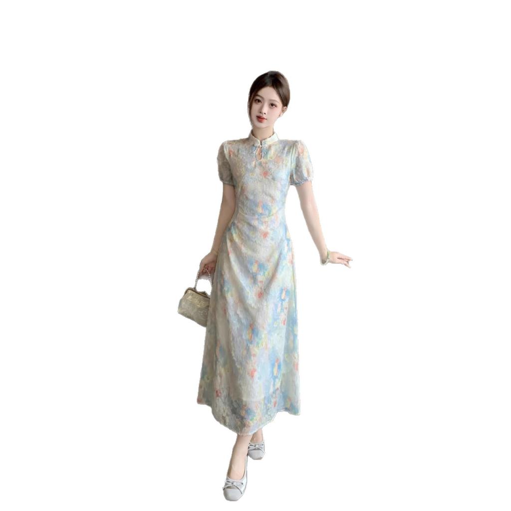New Chinese floral improved cheongsam dress women's summer gentle temperament waist thin light national style skirt