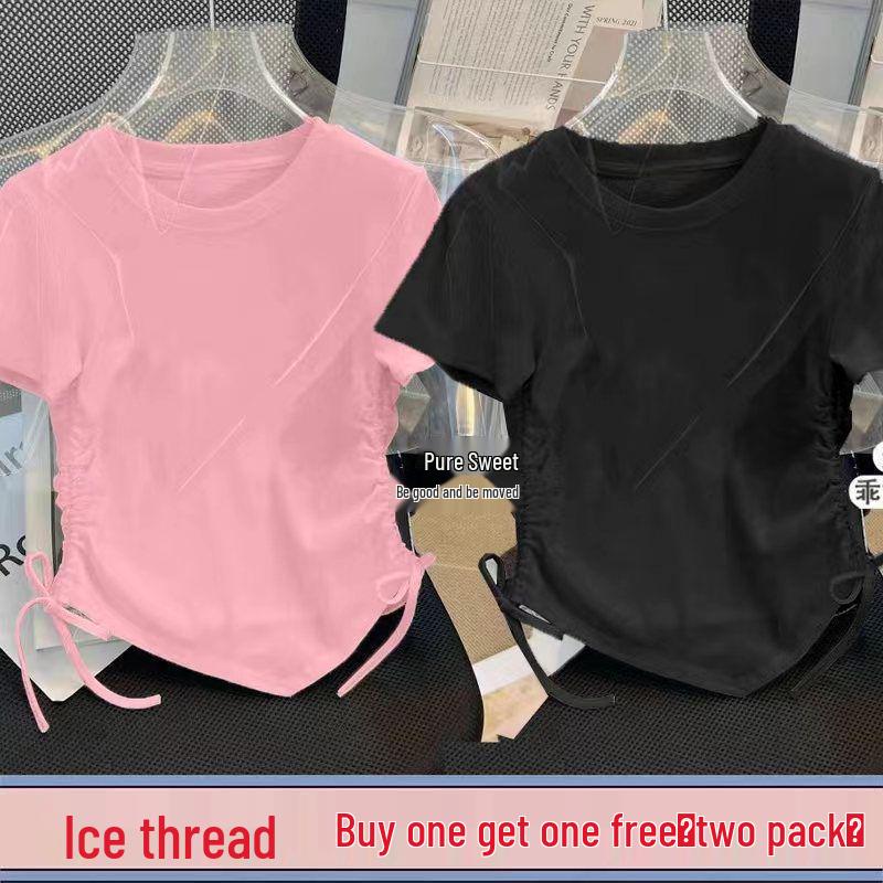 Girls' New Chinese Style Two-Piece Drawstring Summer T-Shirt Set - Printed Fashion Short Sleeve Top