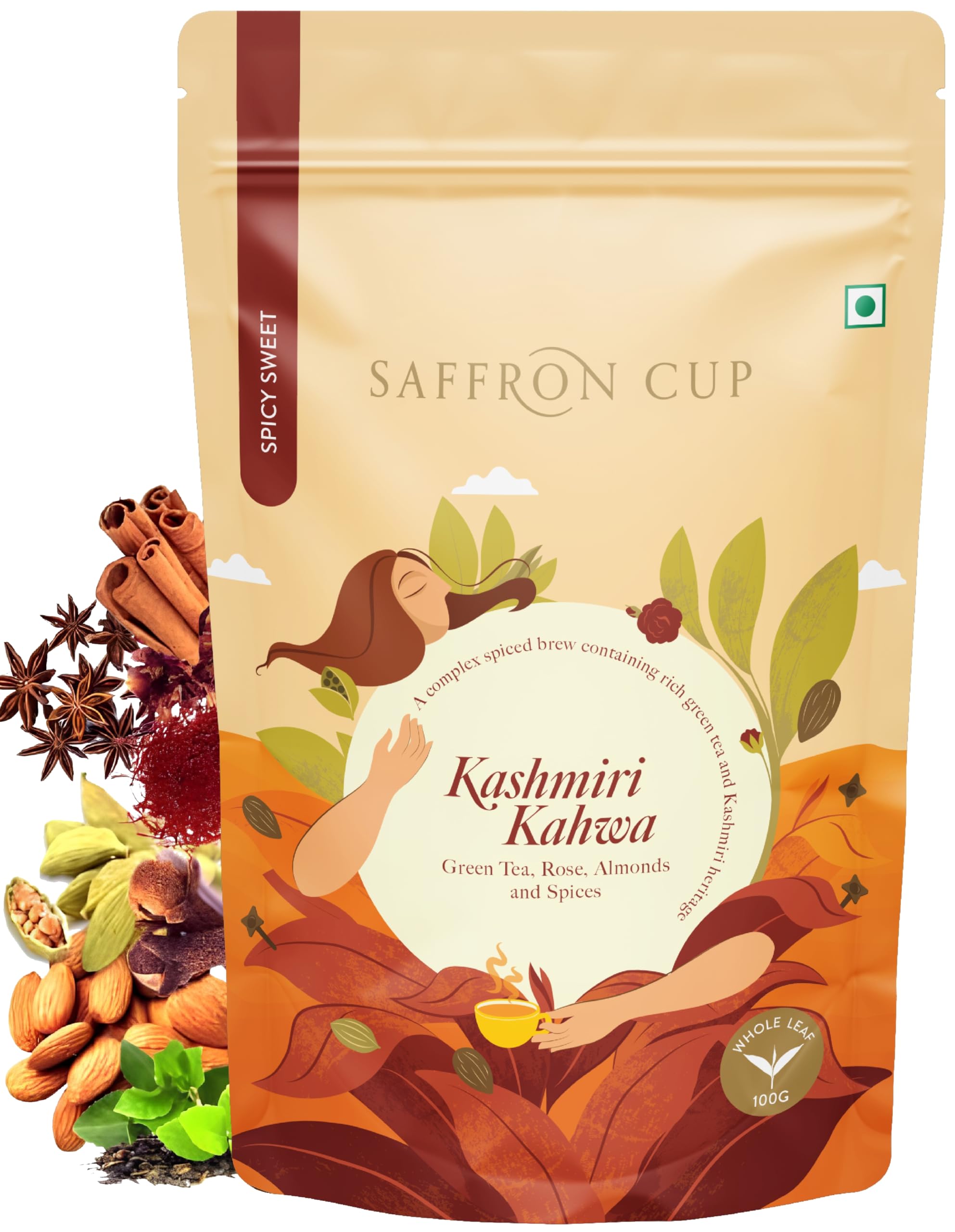 Saffron Cup Kashmiri Kahwa Green Tea - 100g | Premium Blend with Saffron-Infused Flavor, Cardamom, Rose Petals, Cinnamon & Almonds (Airtigh