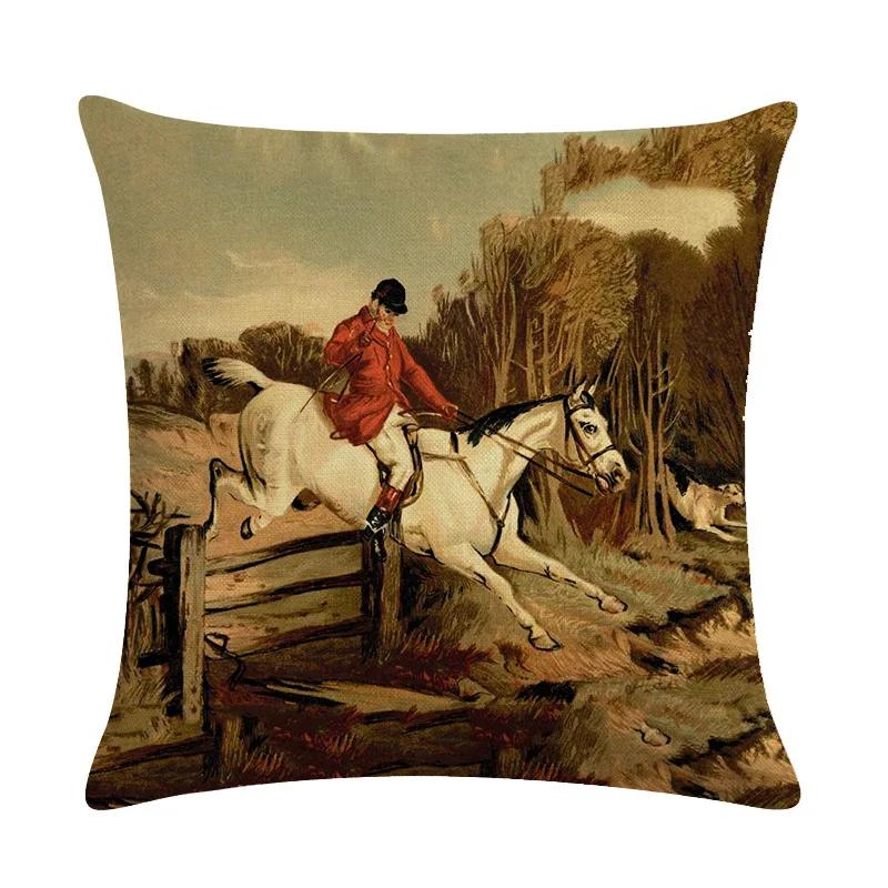 Retro Nostalgische Kunst Pferde-Druck Dekorative Kissenhülle Baumwolle Leinen Haus Auto Sofa Kissenbezug Heimdekoration 45X45cm