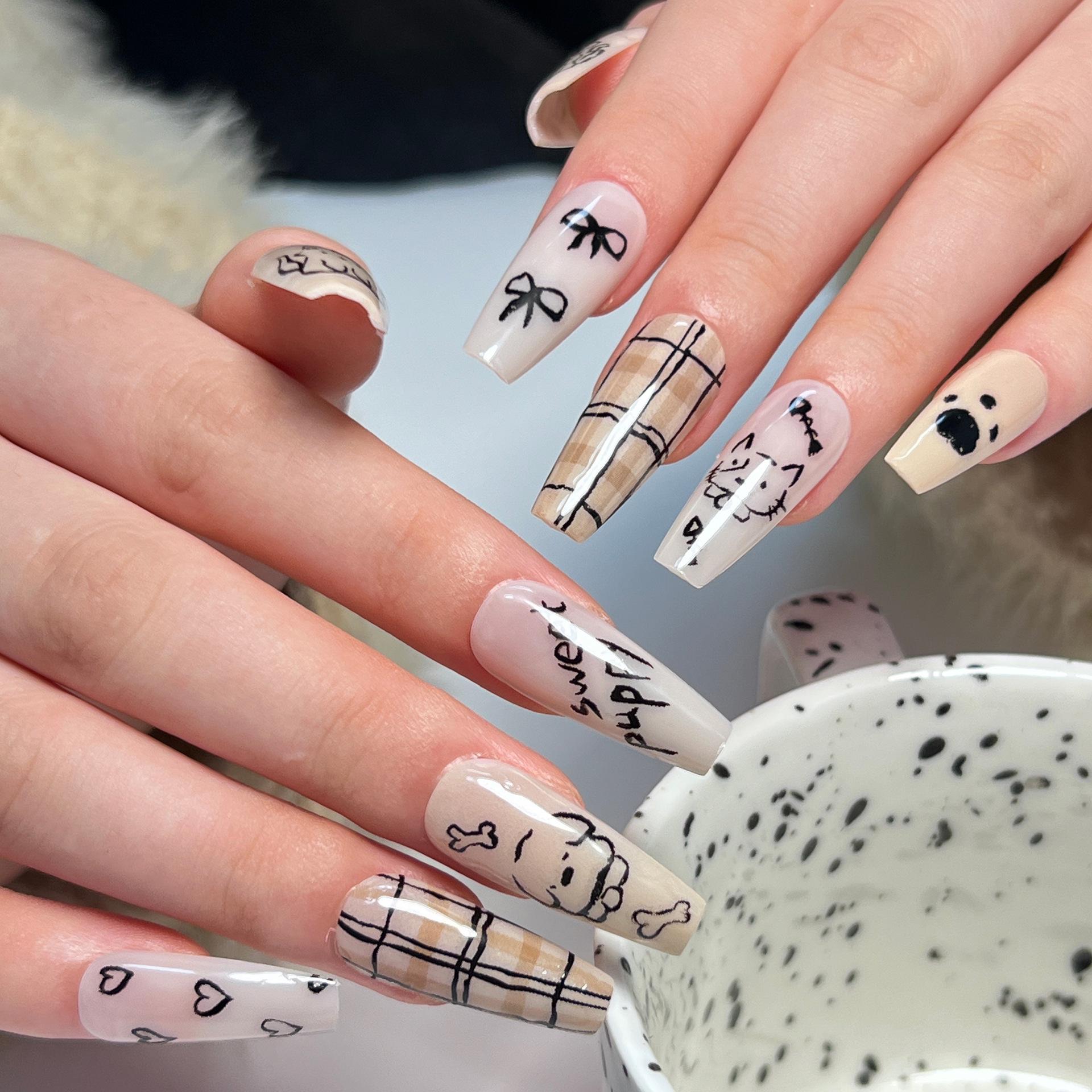 

Bow Stripe Plaid Press-On Nails with Cute Cartoon Cat & Dog Art and Heart Letter Tips JP2914 [Glue Version]