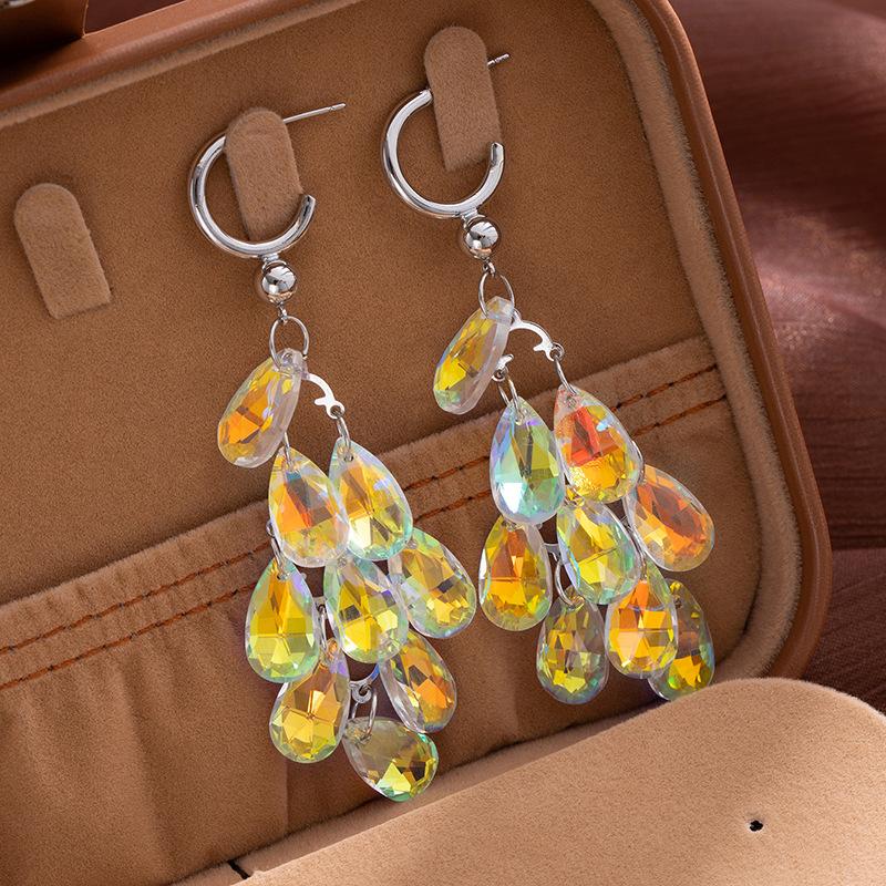 Colorful Crystal Teardrop Tassel Earrings