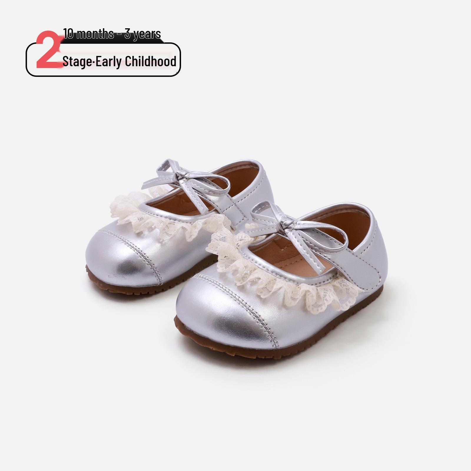 

Spring Lace Bow Baby Girl Pre-Walking Shoes - Stylish Soft Sole Leather Toddler Princess Shoes Size 20 / Insole 14.5 cm срібний