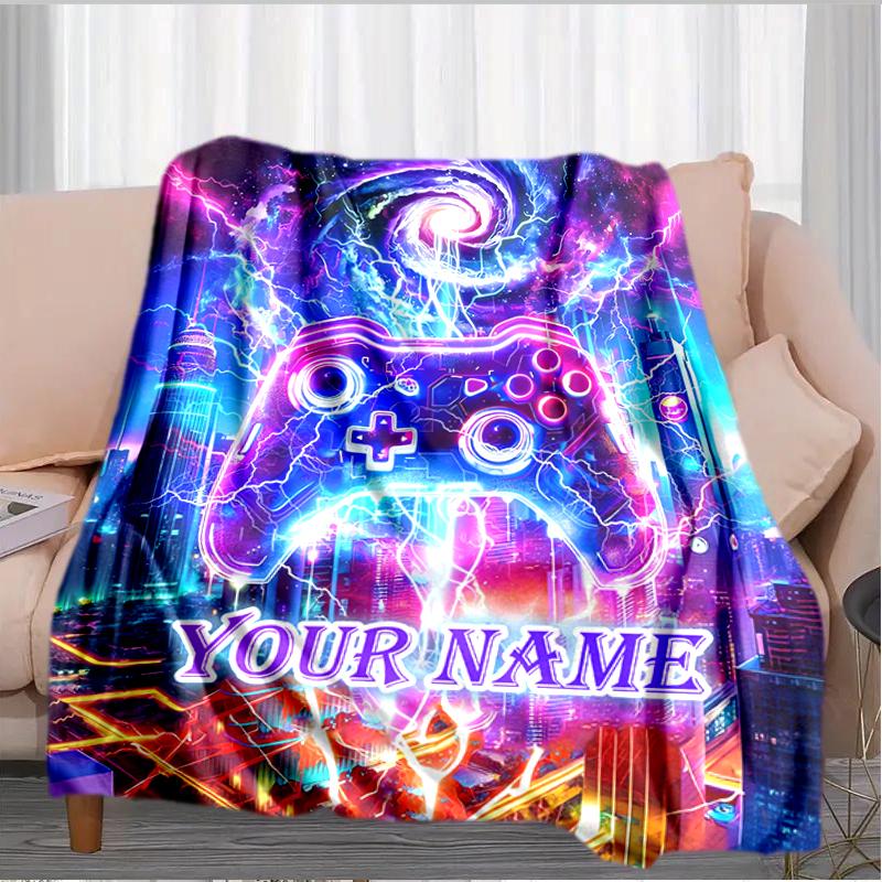 1PC Custom Name "Vibrant Neon Night" flannel blanket versatile, all-season throw suitable for the living room, bedroom, camping, travel, and gift