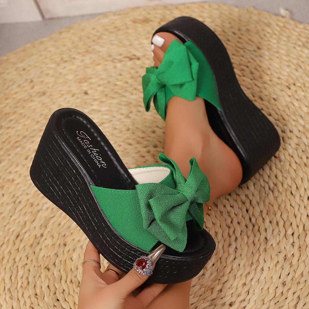 Women Wedges Slippers 2026 New Summer Beach Platform Sandals Fashion Bow Slippers Women High Heel Slippers Slides Women