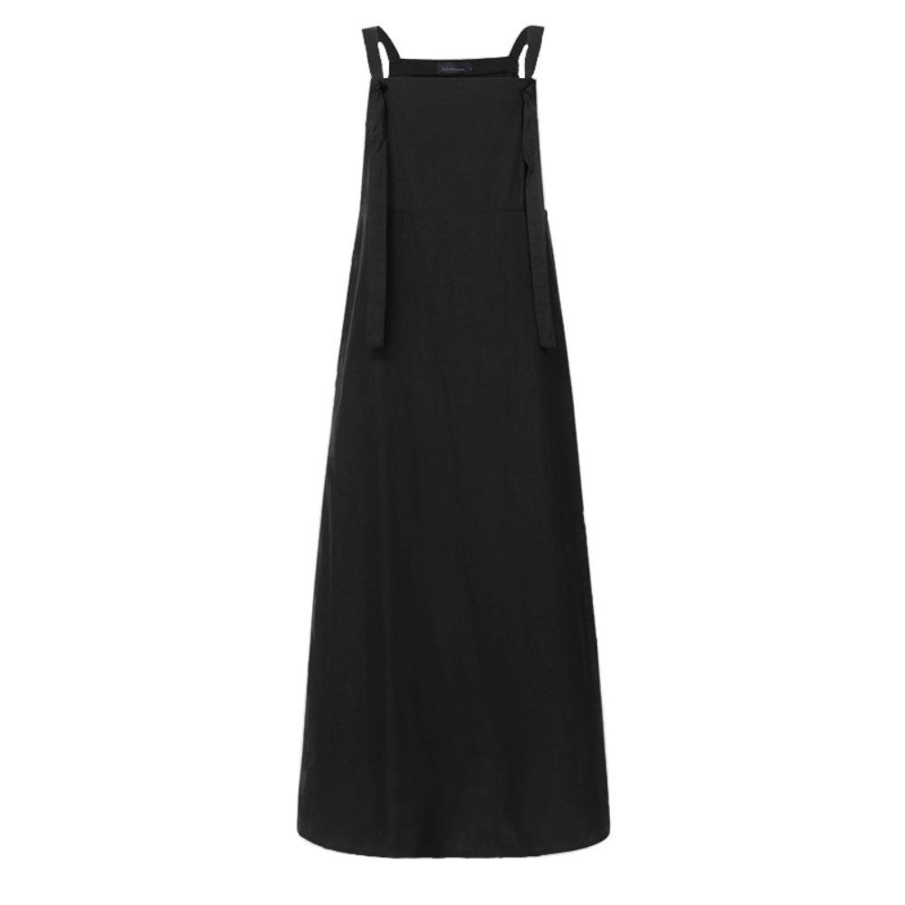 Women s Square Neck Sleeveless Pinafore Midi Dress Loose Waist Big Swing Cotton Overall Dress S чёрный
