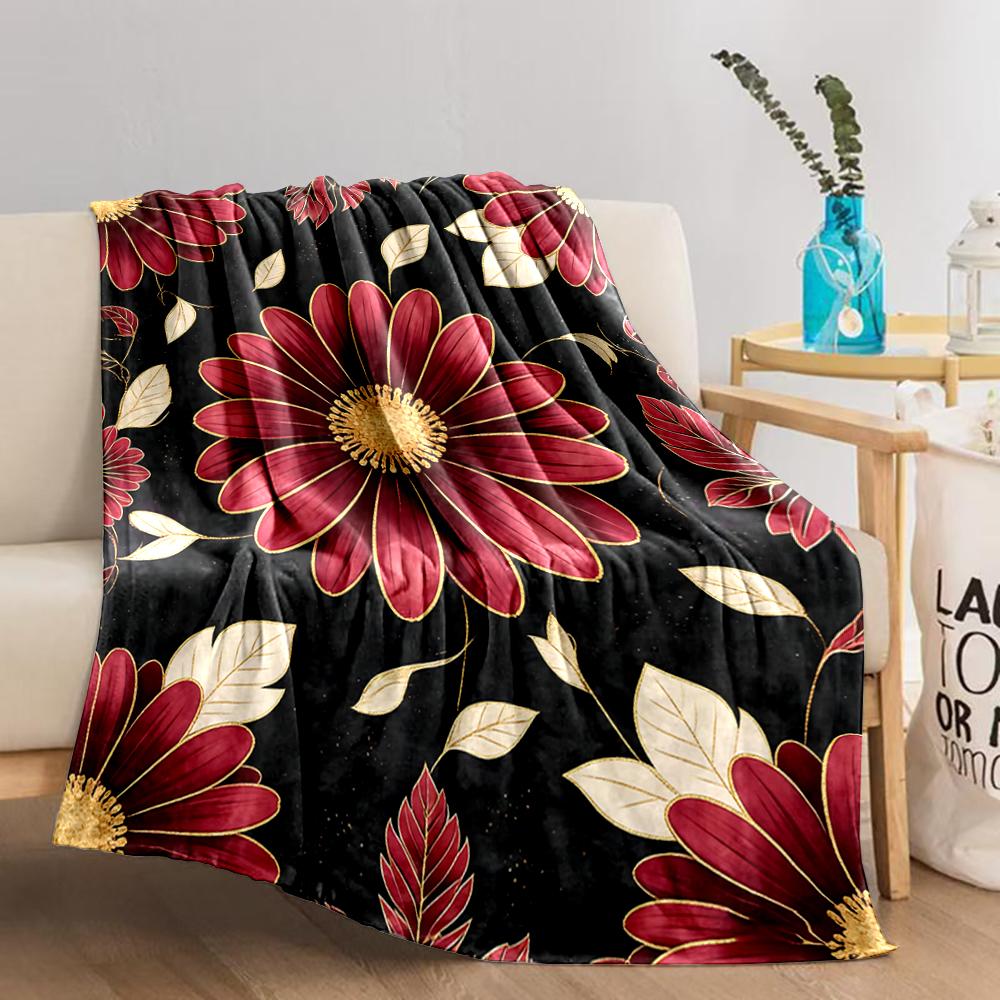 Red Floral blanket with Golden Leaves on Black Background Design blanket, suitable for use in the bedroom, living room, on the sofa