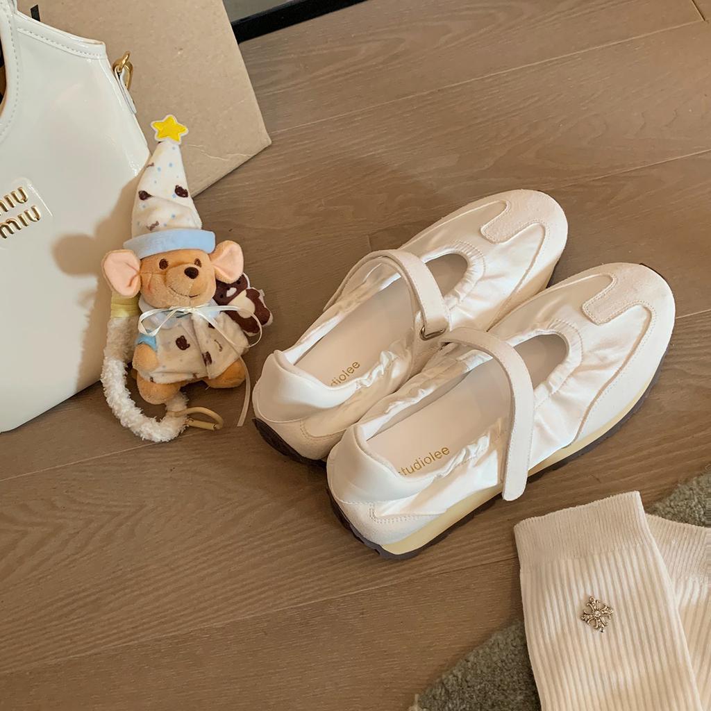 Cowhide grape mother same ballet pearl moral training shoes women's Velcro inner height increase Mary Jane shoes casual sports shoes