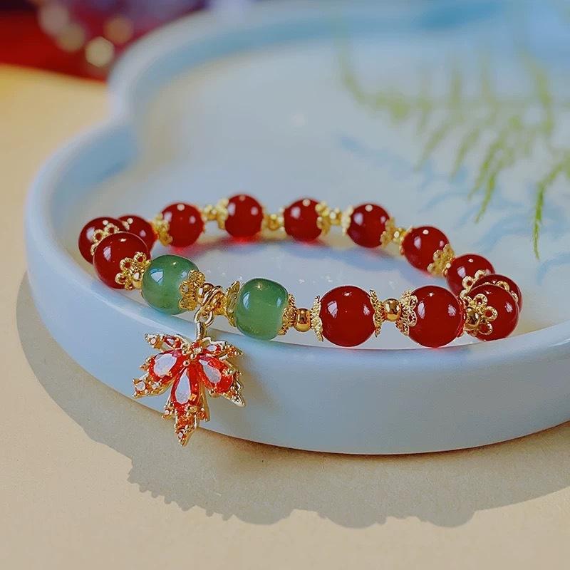 A Sparkle Cat-eye Sapphire Zircon Red Maple Leaf Minimalist Luxury Style Bracelet, A Rare Handcrafted Pendant Necklace