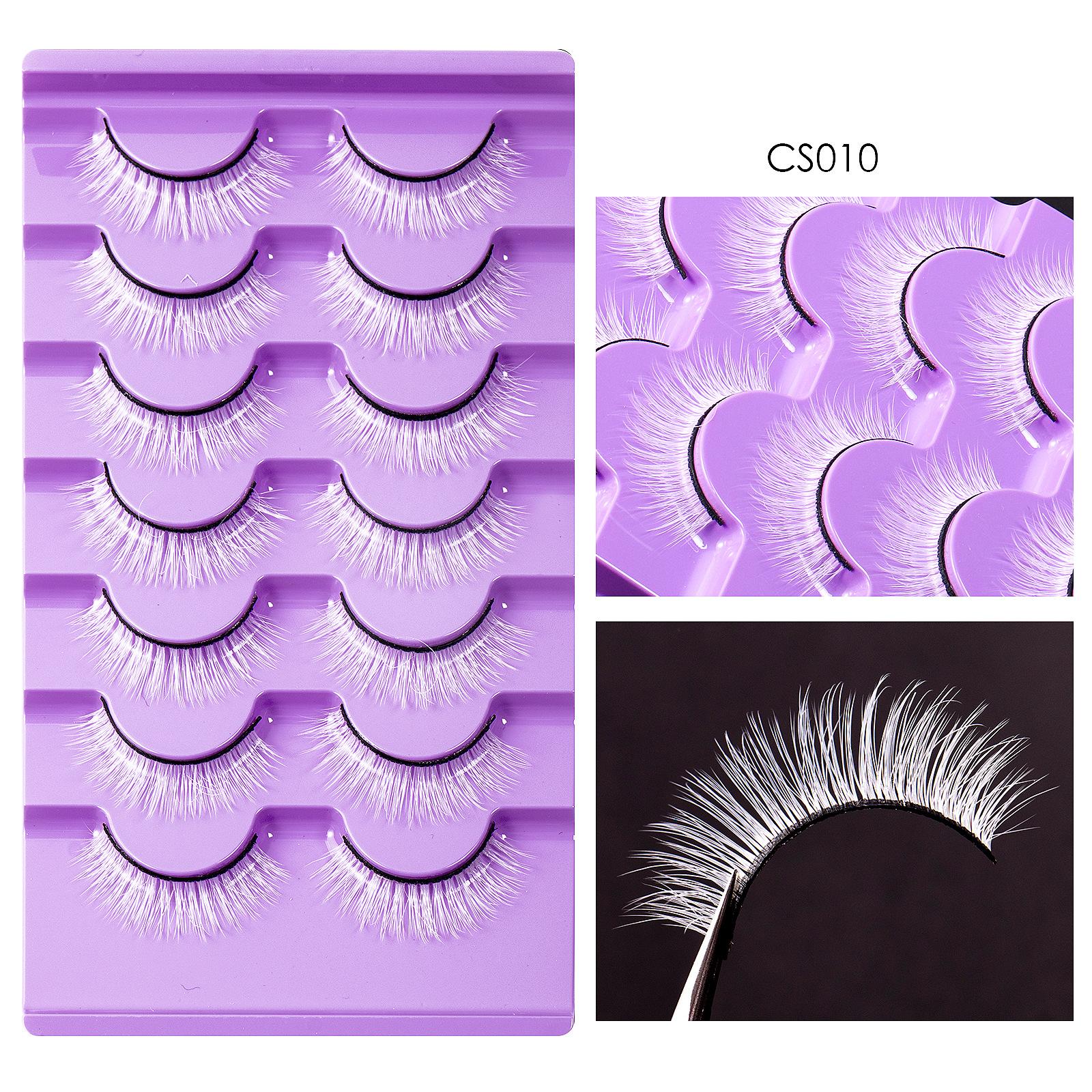 

Перебільшений святковий стиль, білі накладні вії, натуральні довгі та короткі вії зі штучного волокна.