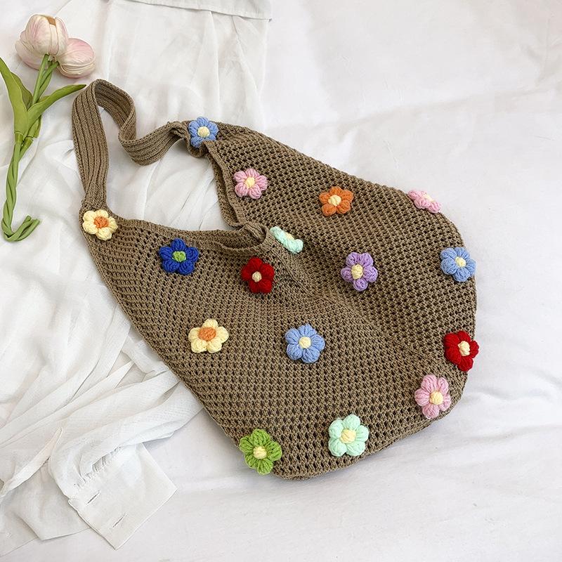 

Woven bag women s new shoulder tote bag lazy wind knitted hollow flower beach bag кавовий
