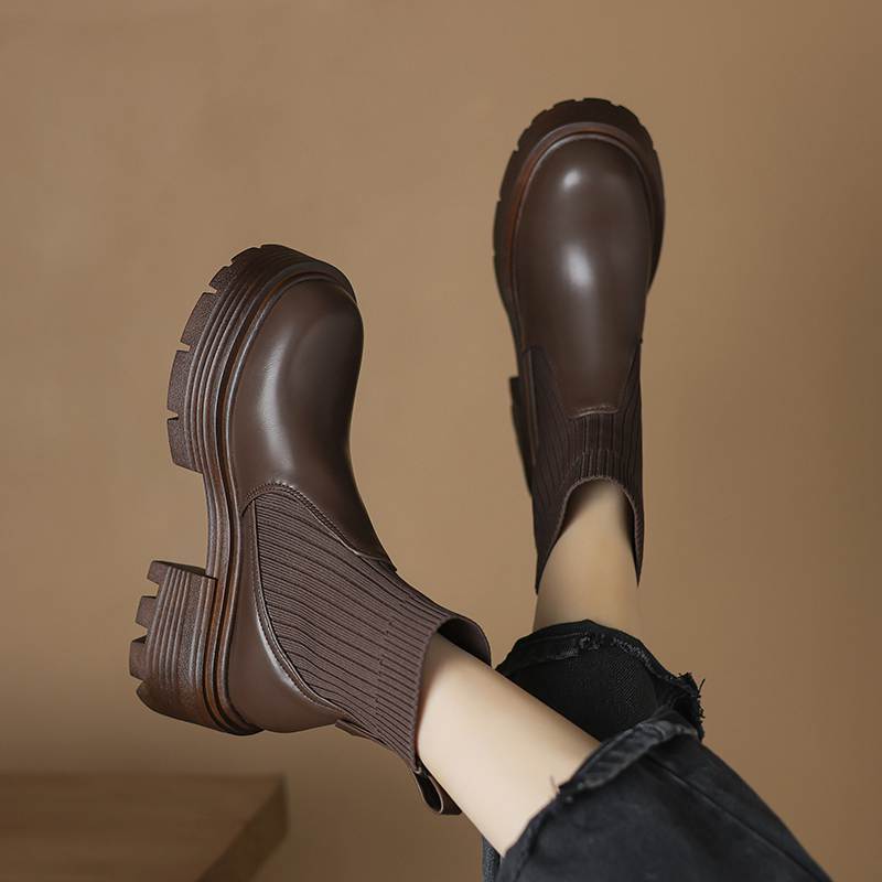 Krazing Pot Microfiber Autumn Winter Shoes Thick High Heels Thick Bottom Size 43 Motorcycle Boots Stretch Knitwear Ankle Boots