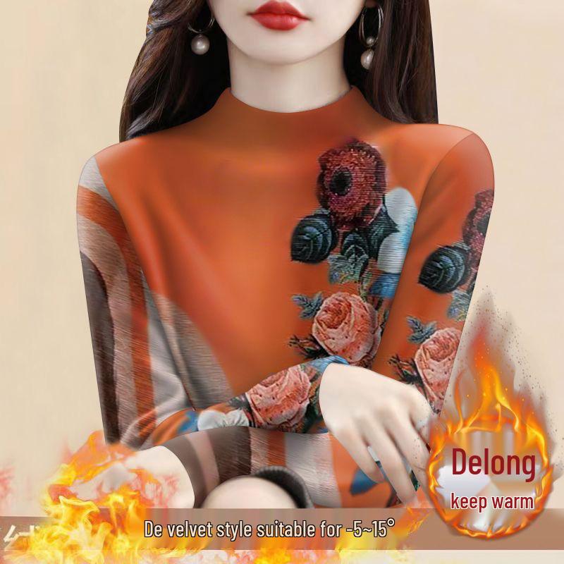 Women's Plus Size Fleece Lined Semi-High Neck Long Sleeve T-Shirt