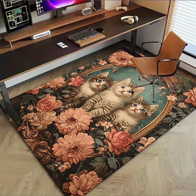 1PC Kittens Floral Non-Slip Floor Carpet Compatible for Office&Living Room&Bedroom&Dining room - Flat-Weave Machine-O383