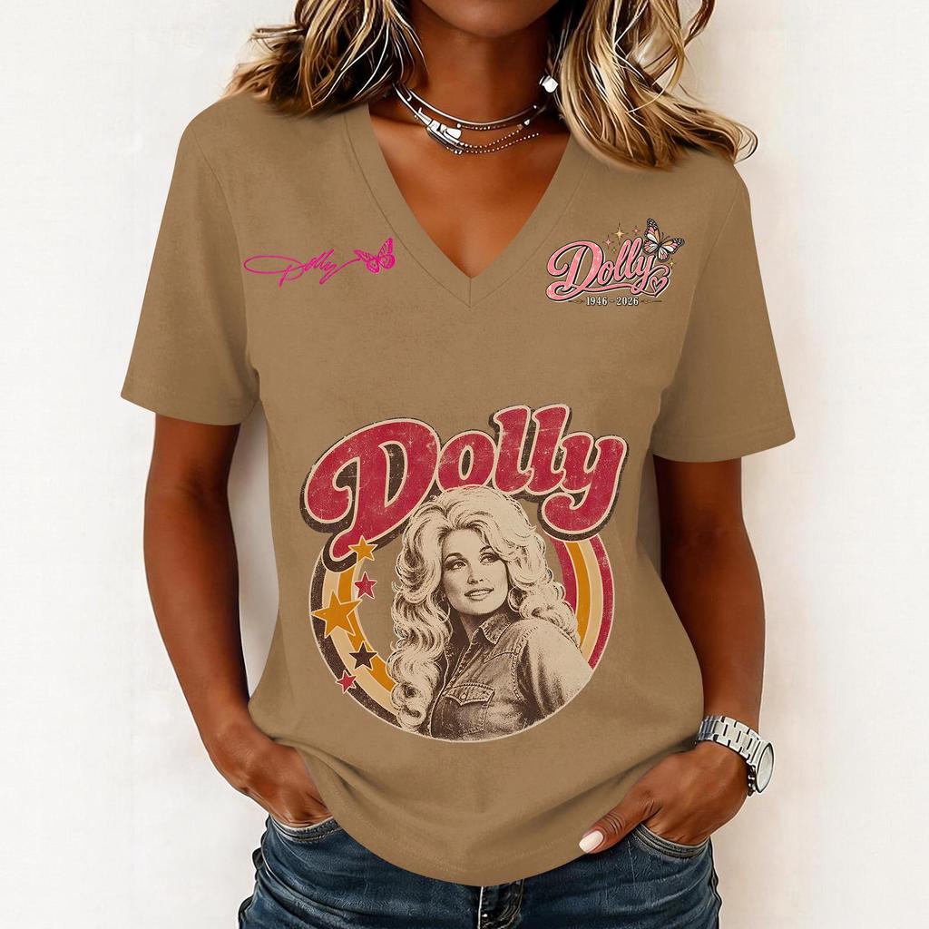 Women's Fashion Casual Letter Print V-Neck Short Sleeve Pullover Top