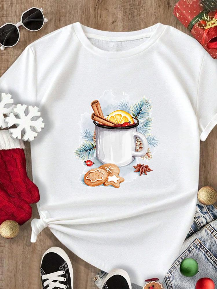 (Asian Size) Tee Merry Christmas New Year Holiday Top festival Casual tree letter style Women Print Lady Short Sleeve Fashion Graphic T-shirts