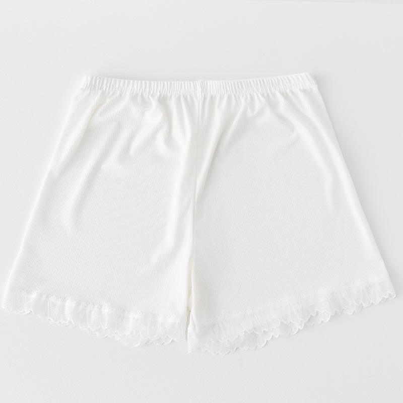 Spring-Summer Women's Ice Silk Lace Trim Leggings with Vertical Stripes and Anti-Exposure Three-Point Safety Design