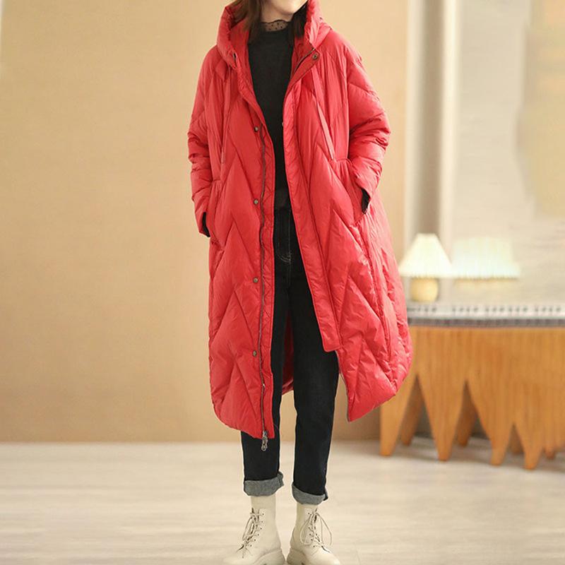 Women Loose Long Coat White Duck Down Jacket Winter Overcoat Hooded Puffer Parkas