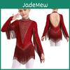 Leotard da ballo latino per bambina con nappe, collo alto, manica lunga, schiena con cut-out, strass scintillanti, body con frange