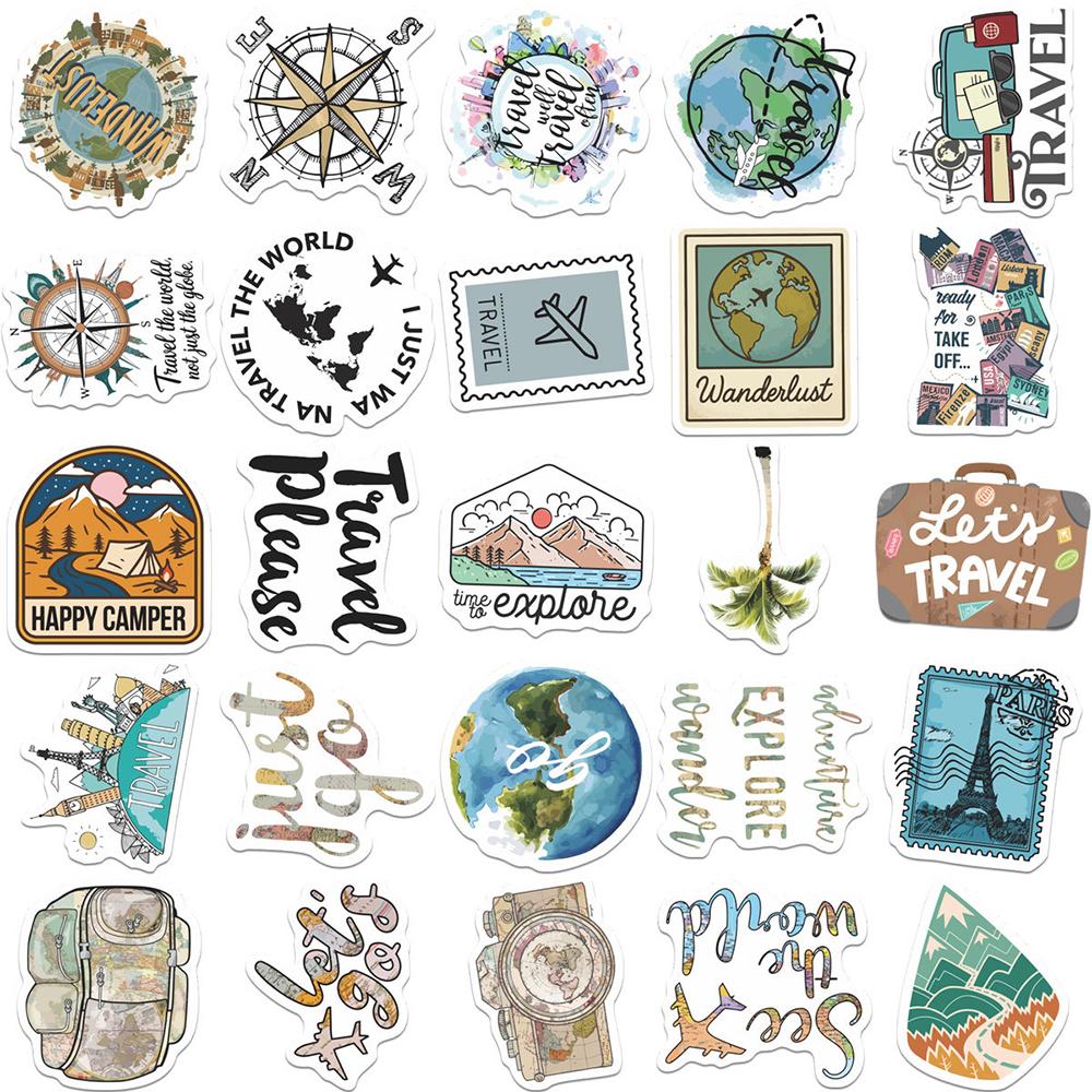 10/30/50pcs Outdoor Travel Cartoon Stickers World Map Landscape Decals DIY Laptop Journal Notebook Holiday Vacation Sticker Pack