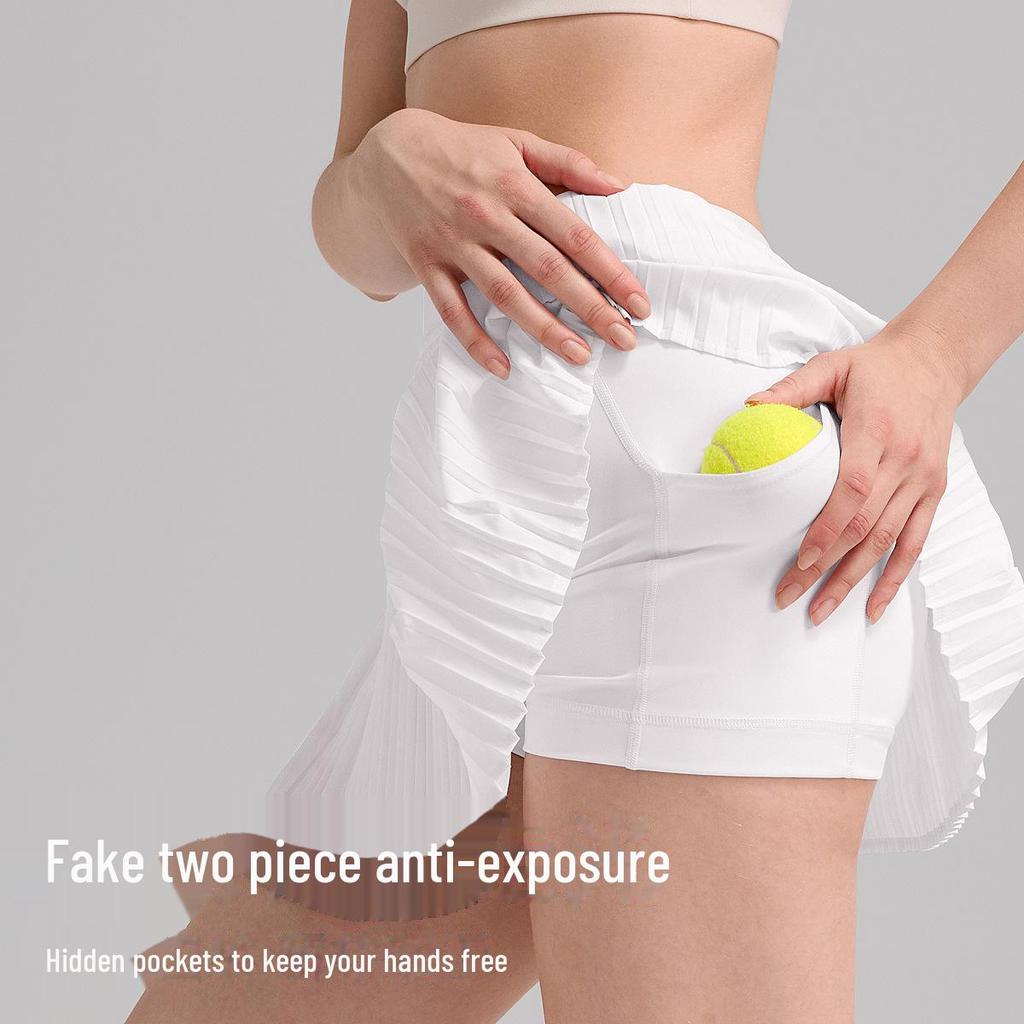 "Breezy, hip-covering athletic skirt: slimming, pleated design for outdoor fitness, tennis, and yoga."