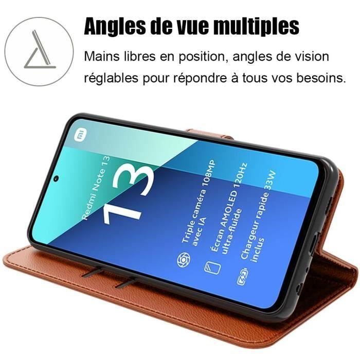 Coque pour xiaomi redmi note 13 4g - marron - protection antichoc - etui pliable en cuir pu - support intégré