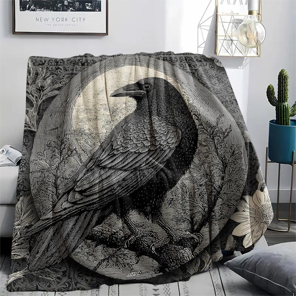 Crow Print Flannel Blanket, High quality Comfortable for All Seasons, Home Decor, Warmth and Comfort, Perfect for Christmas Gifts