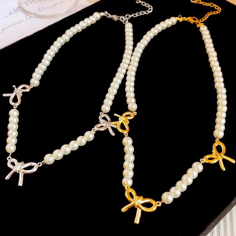 Premium bow pearl necklace summer new light luxury niche collarbone chain summer explosion neck chain accessories women