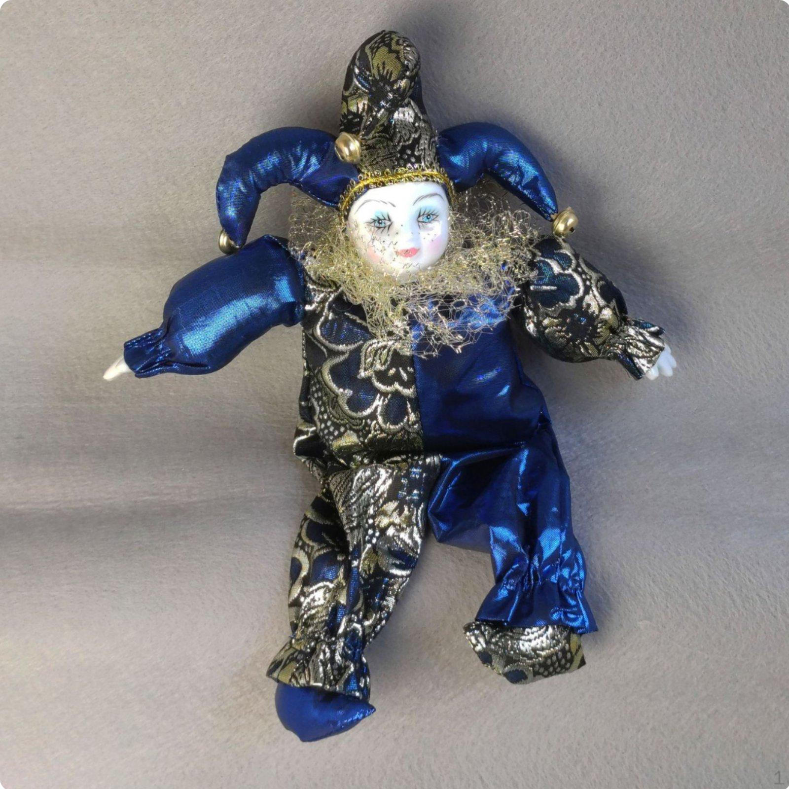 Smiling Clown Doll Handmade Poseable Harlequin Colorful Costume Hanging Figurine for