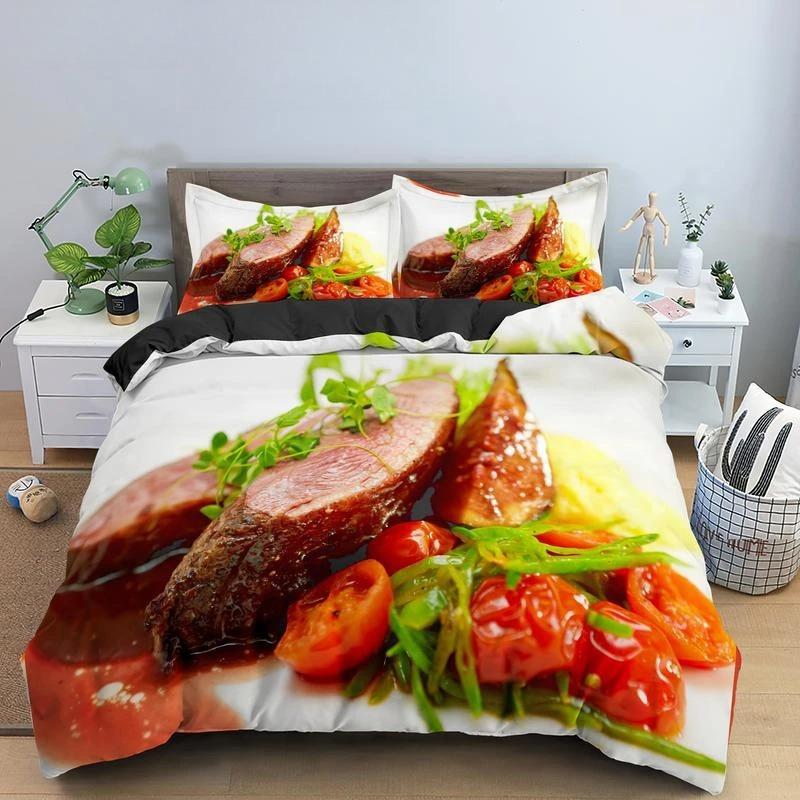 Essen Rindfleisch Bettwäsche Set 3D Frisches Fleisch Bettbezug King/Queen Größe Köstliche Meeresfrüchte Sashimi Hähnchenschenkel Steak Realistischer Bettdeckenbezug