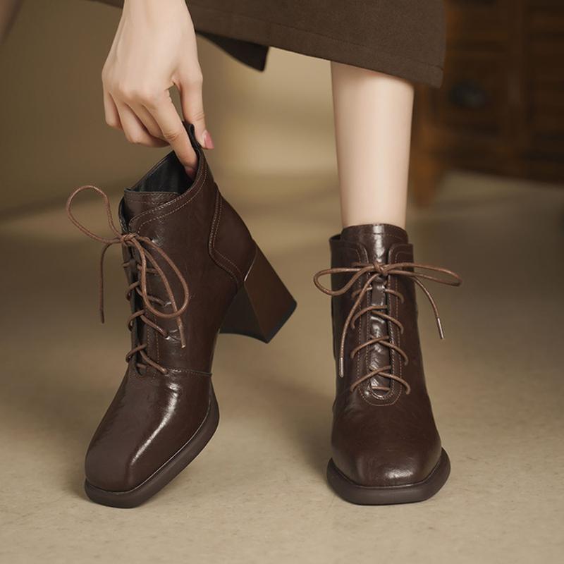 Fashion NEW Autumn Women Boots Split Leather Shoes for Women Square Toe Chunky Heel Shoes Lace-up Modern Boots Soft Handmade Daily Shoes