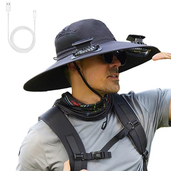 Outdoor Hat with Dual Power Supply Wide Brim Sun Hat with Built-in Solar Fan Fishing Hiking Gardening Hat