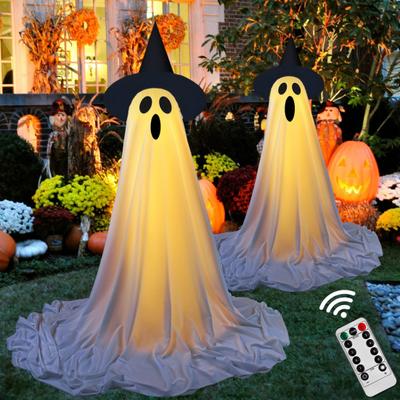 Halloween Ghost Decoration Outdoor Standing Ghost with Witch Hat Light Up Spooky White Cloth Ghost for Porch Yard Garden Lawn Decor