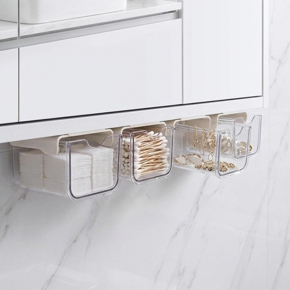 Plastic Drawer Style Storage Box Transparent Wall Mounted Under Cabinet Storage Box Large Capacity Self Adhesive Qtips Holder