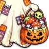 Home Wall Embellishment Halloween Cute Bow Ghost Door Sign, Wooden Patchwork Hanging Plaque with Pumpkin Candy Basket, Retro Pendant Lanyard for Front