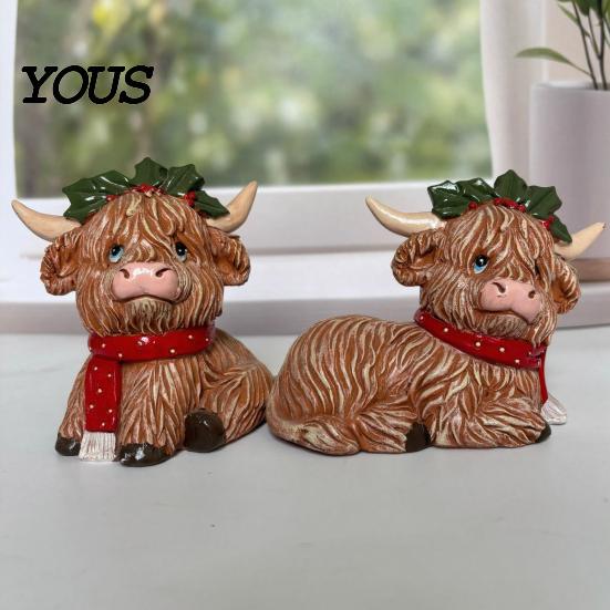 Winter Window Sill Accents 2Pcs Christmas Highland Cow Figurine, Resin Yak Statue with Red Gift for Lovers Scarf, Cute Animal Desktop Ornaments