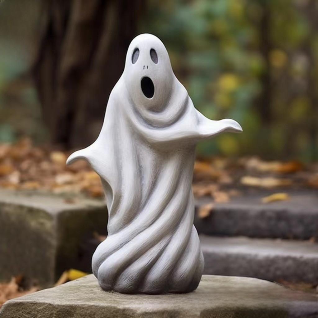 Whimsical White Ghost Lawn Ornament Captivating Resin Garden Sculpture Perfect For Halloween