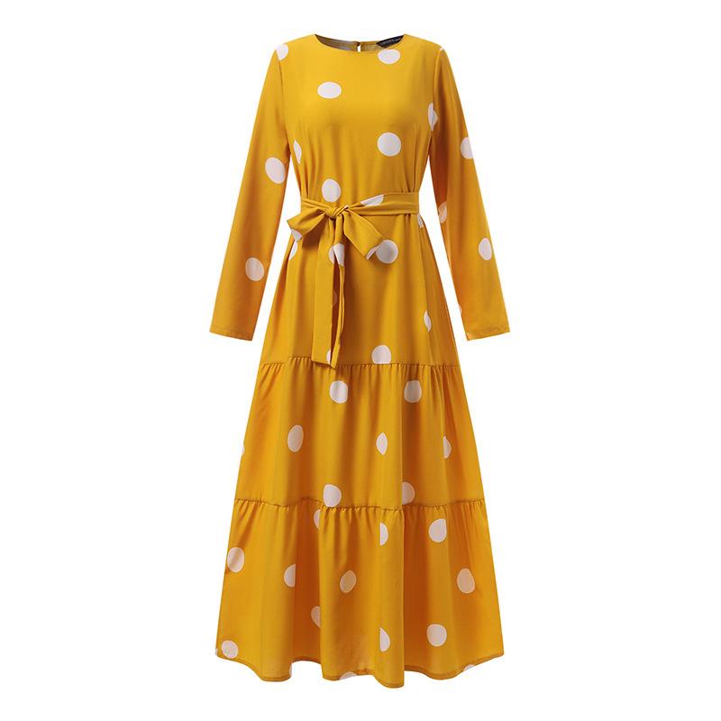 2023 Middle Eastern Muslim Polka Dot Print Maxi Dress with Belt