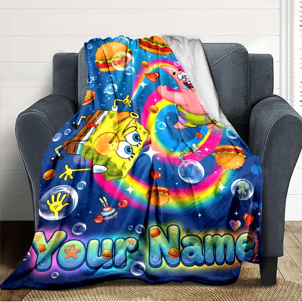 Name Custom SquarePants Print Flannel Blanket High Quality Warm Comfortable Cover for All Seasons Perfect for Gifts Home Decor