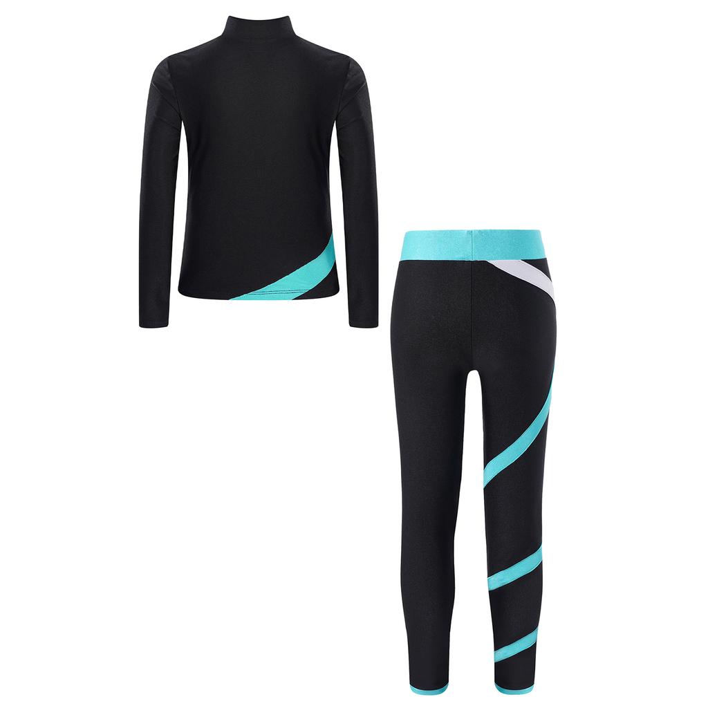 Girls Sparkle Star Long Sleeve Zipper Top with Colorblock Leggings for Figure Skating Gymnastics Dance Training