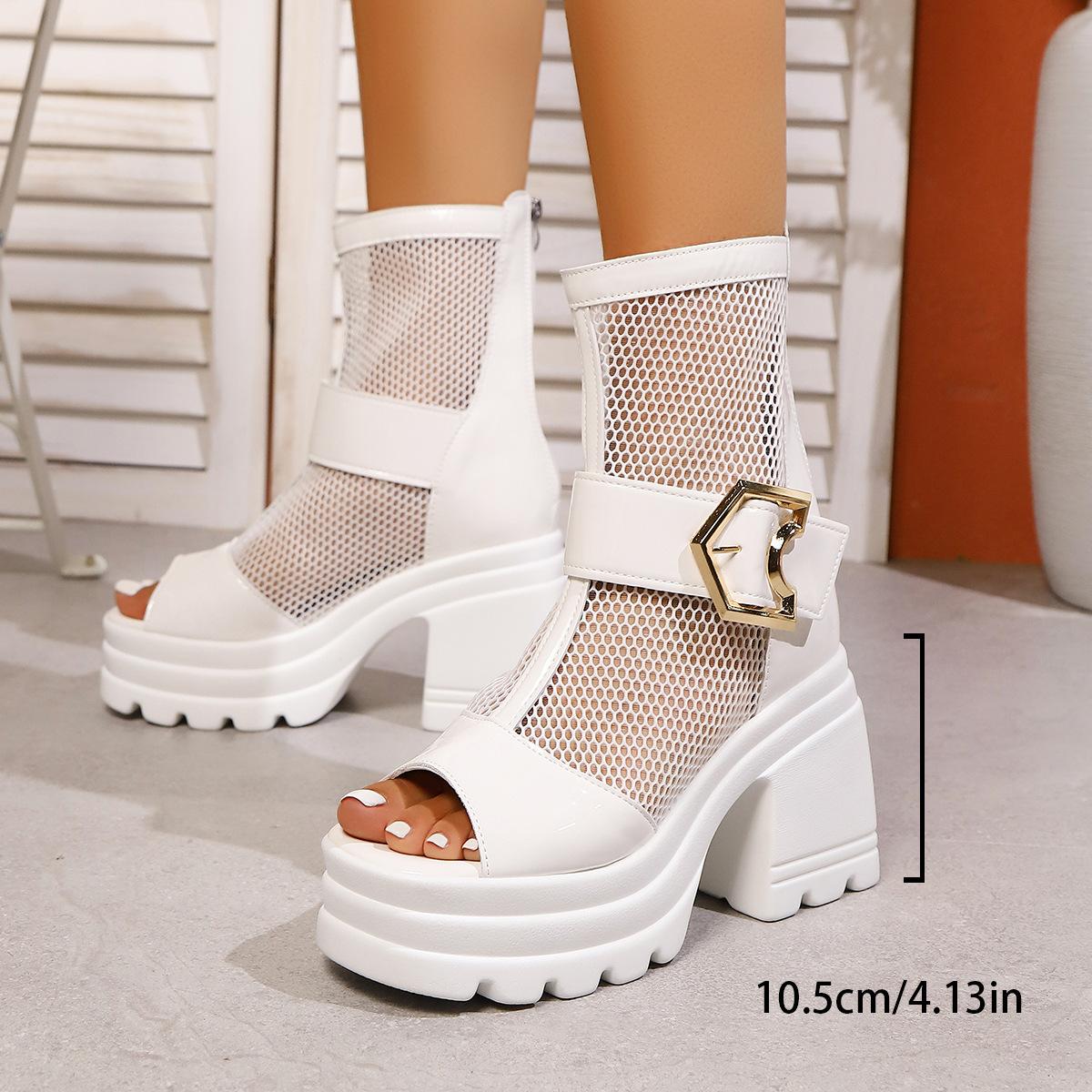 

British style high-heeled cool boots 2025 summer breathable large size belt buckle rear zipper mesh platform sandals women 42 белый