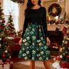 Dámské módní kulaté ležérní slim fit šaty s vánočním potiskem, velké kolové, s dlouhým rukávem