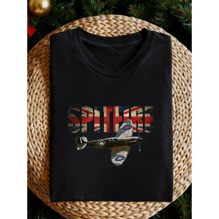 Men S Spitfire RAF British Fighter Plane T-Shirt - Supermarine Aircraft Logo & RAF Insignia, 1940s Vintage Design, Relaxed Fit Short Sleeve Casual S чёрный